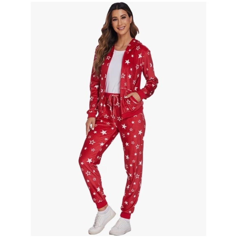 Hotouch Women's Velour Hoodie Zippered Track Suit Size M Red White Stars Jogging